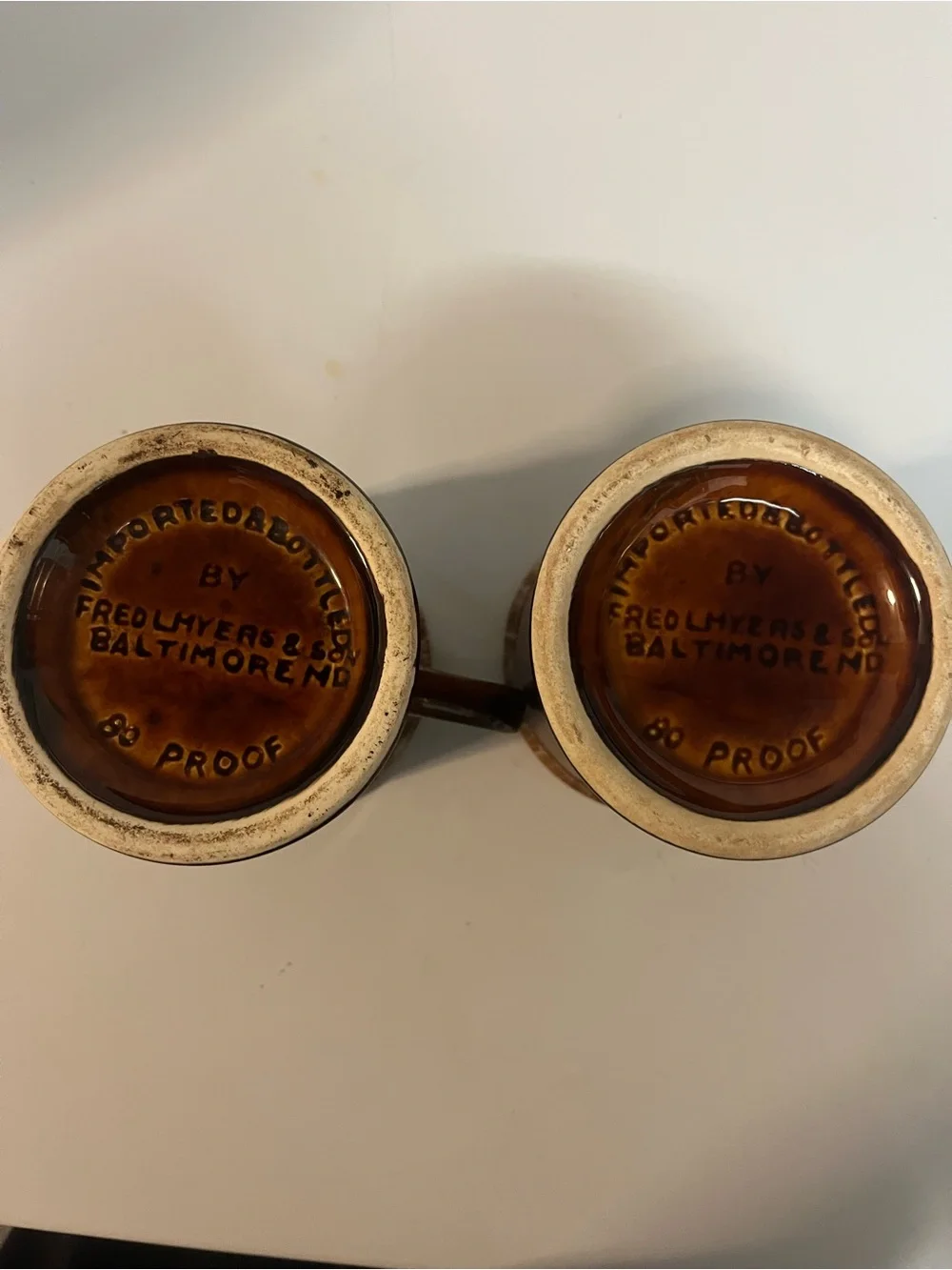 Vintage Myers’s Rum Pottery Mugs Set of 2 Brown Drip Glaze Fred Myers Baltimore